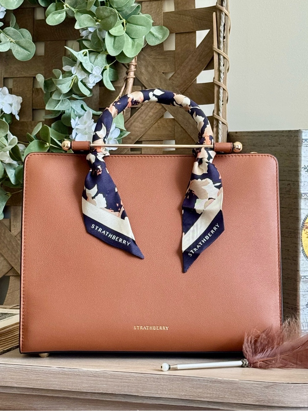 Strathberry Tan Leather Top-Handle Satchel with Navy Floral Scarf